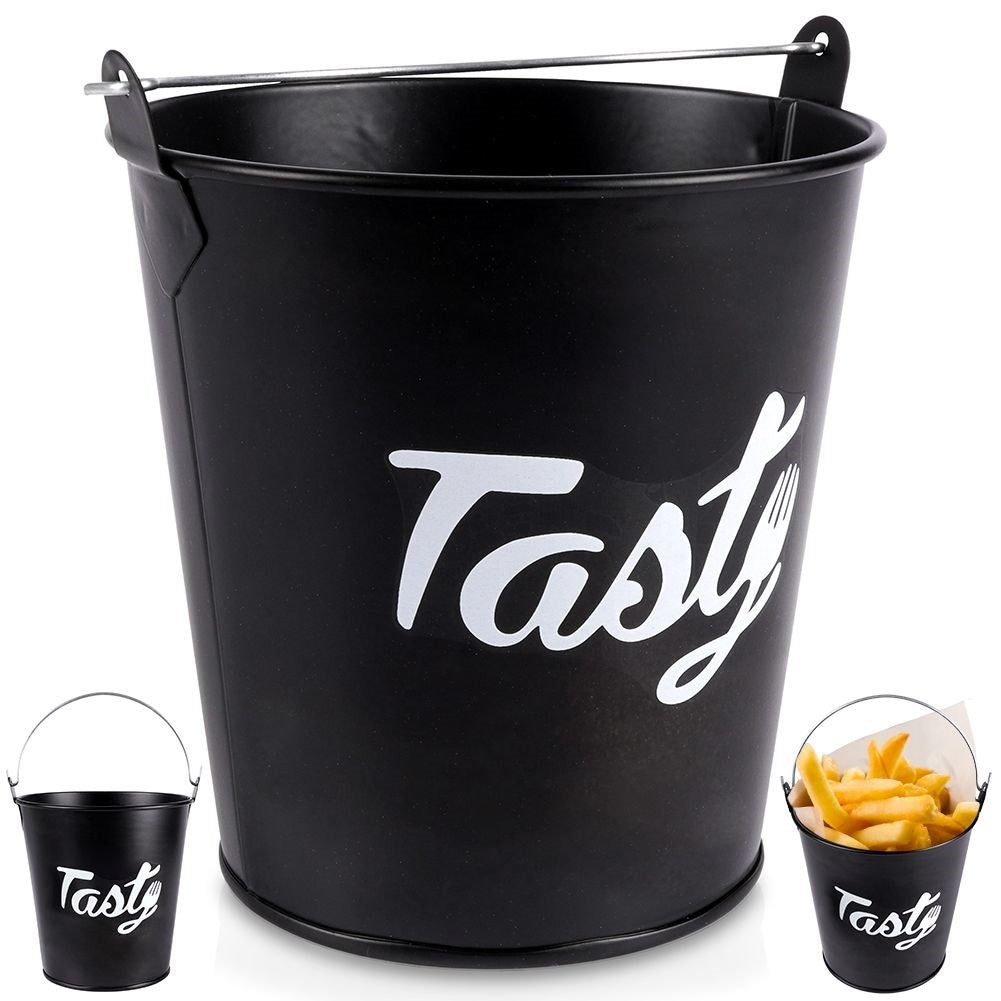 Bucket with handle for snacks in stainless steel, black