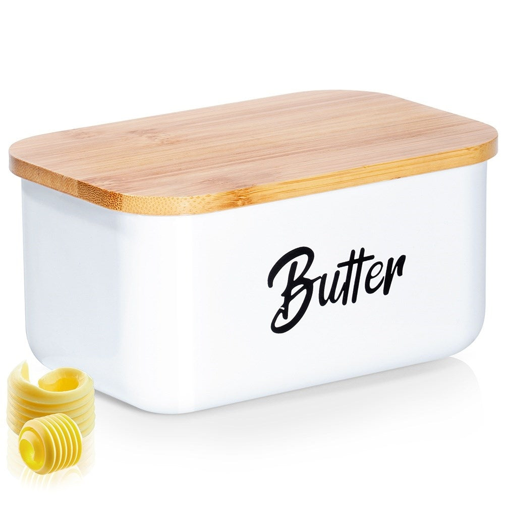 Butter change in white steel with bamboo lid and Butter text