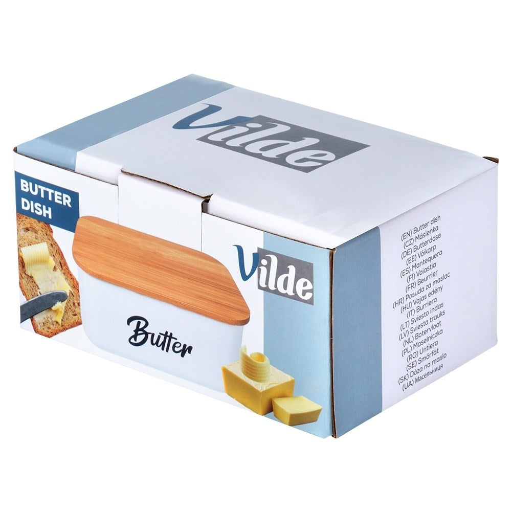Butter change in white steel with bamboo lid and Butter text