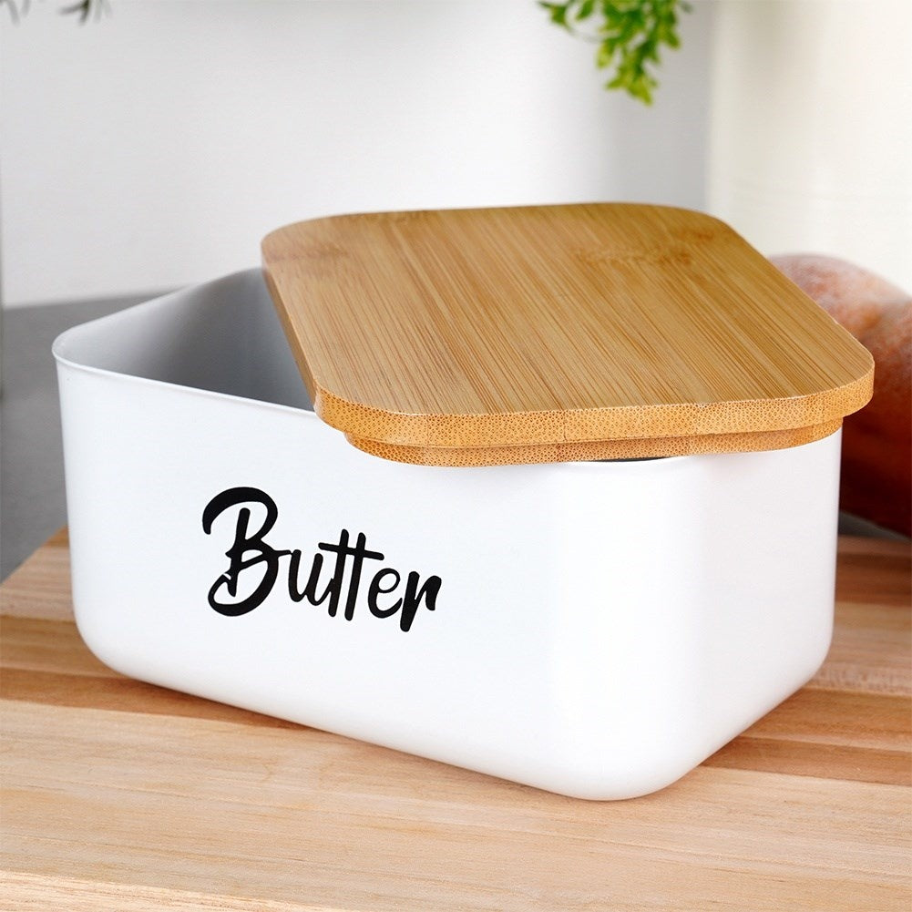 Butter change in white steel with bamboo lid and Butter text