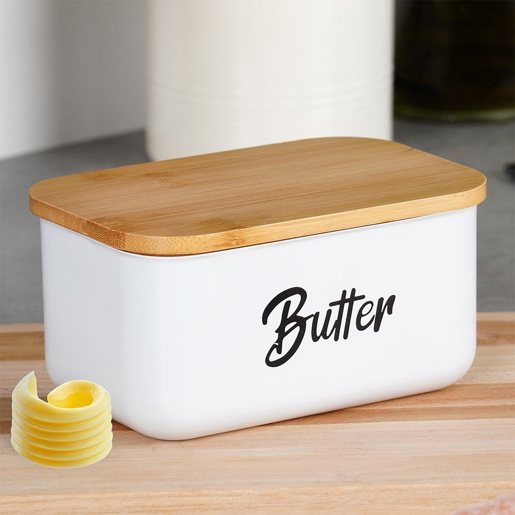 Butter change in white steel with bamboo lid and Butter text