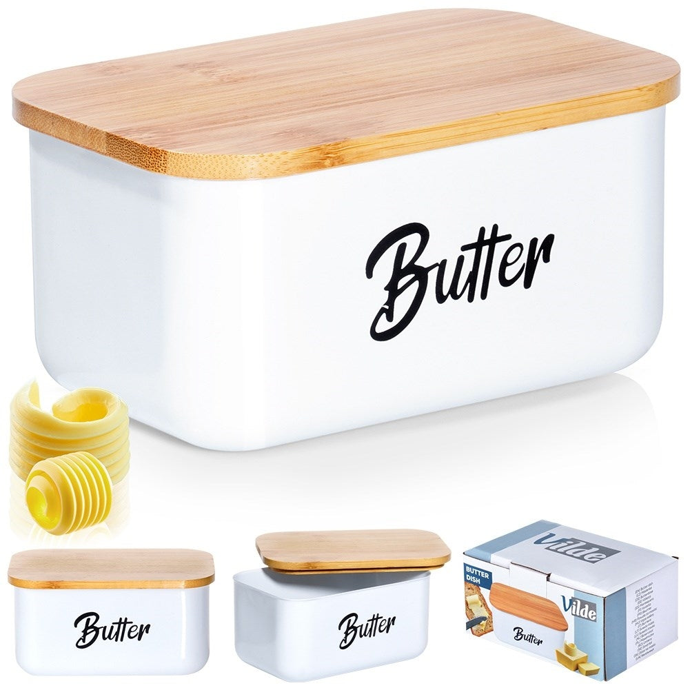 Butter change in white steel with bamboo lid and Butter text