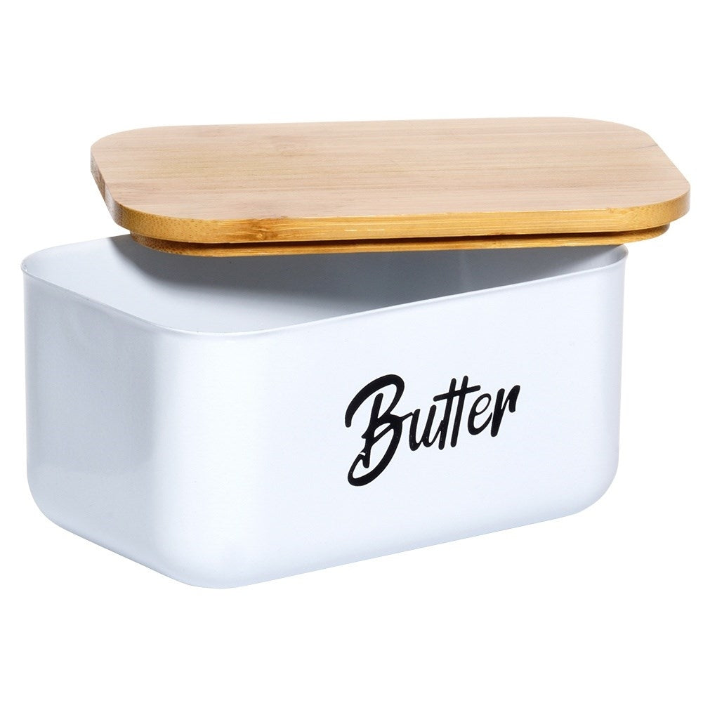 Butter change in white steel with bamboo lid and Butter text