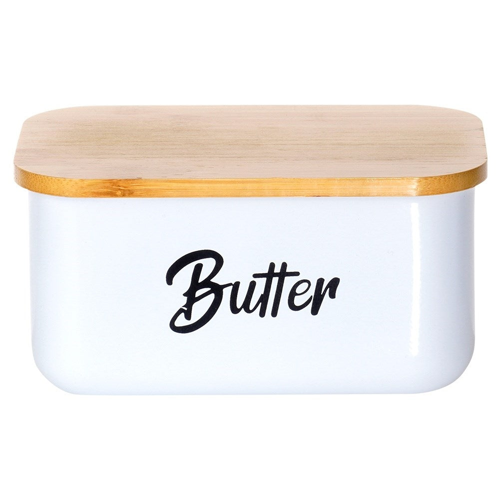 Butter change in white steel with bamboo lid and Butter text