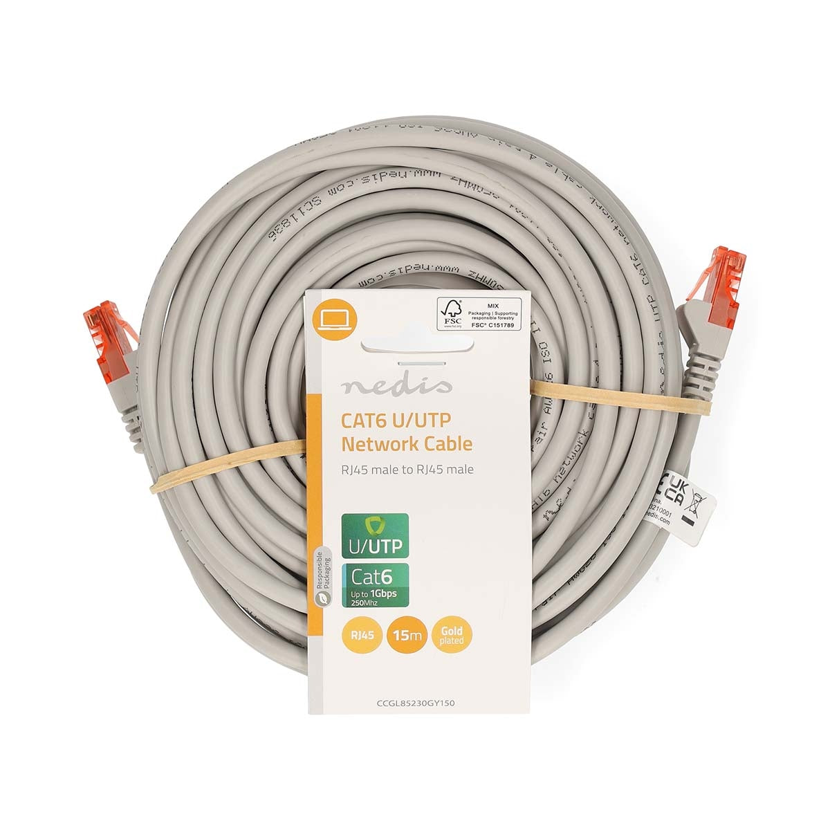 CAT6 Ethernet Cable, 15m, RJ45, U/UTP, PVC, Grey