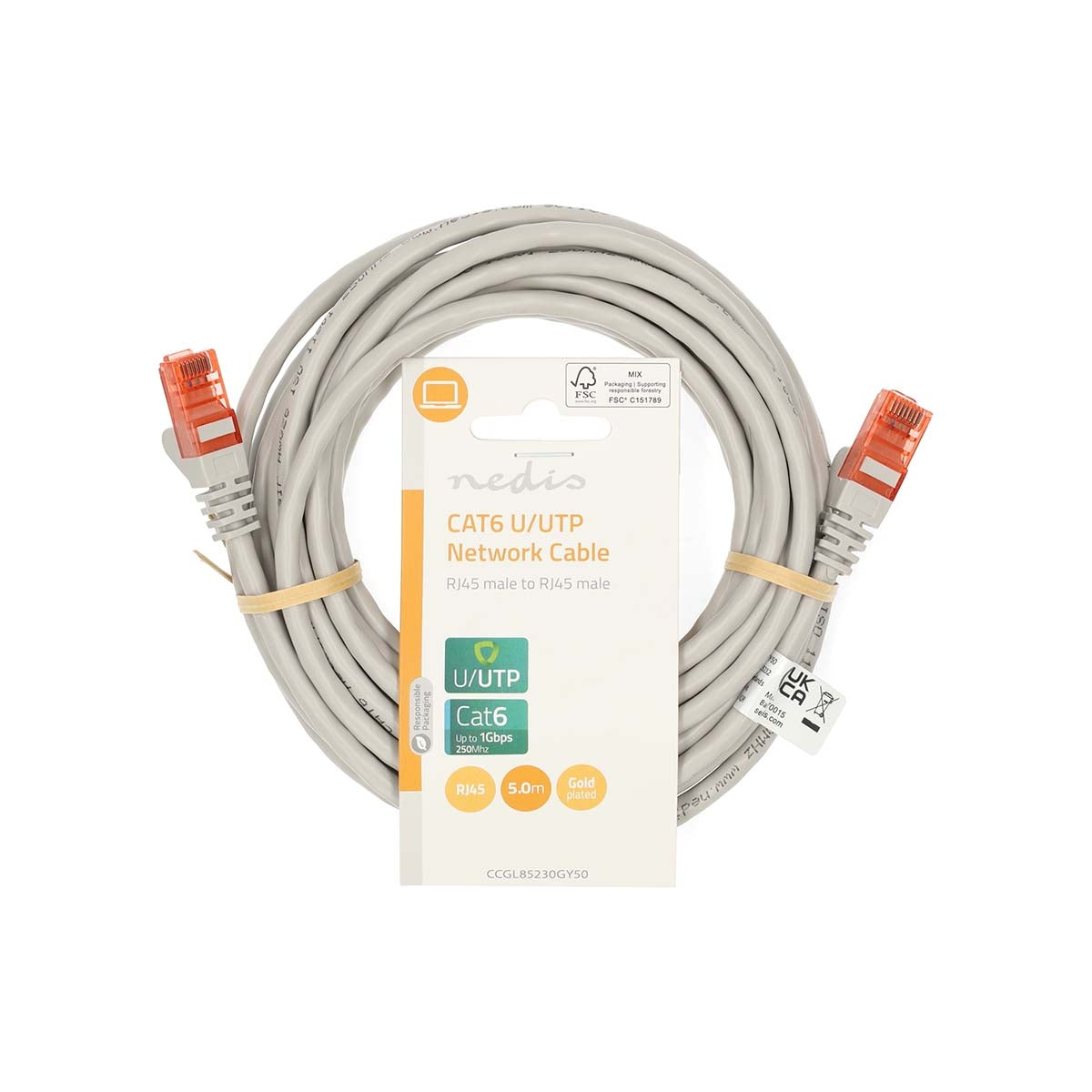 CAT6 Network Cable | RJ45 Male | RJ45 Male | U/UTP | 5.00 m | Round | PVC | Grey | Label