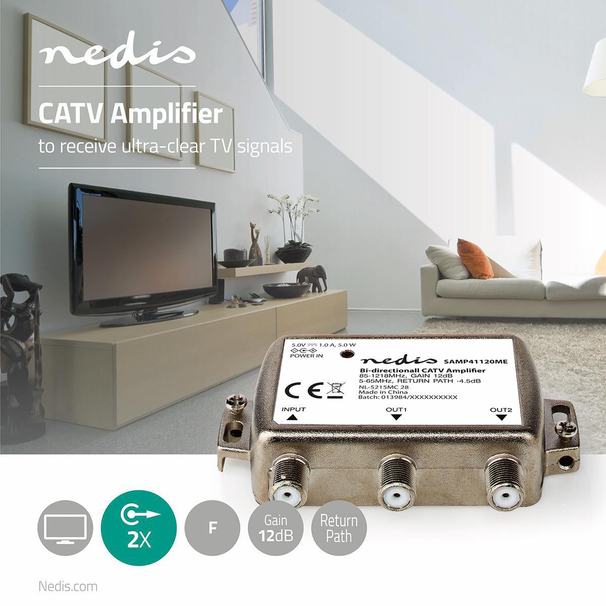 CATV Amplifier | Gain: 12 dB | 85 - 1218 MHz | Number of outputs: 2 | Return route | Silver