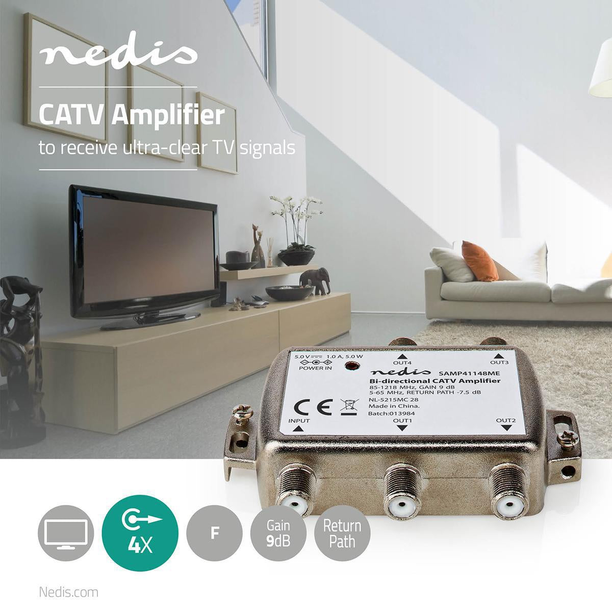 CATV Amplifier | Gain: 9 dB | 85 - 1218 MHz | Number of outputs: 4 | Return route | Silver