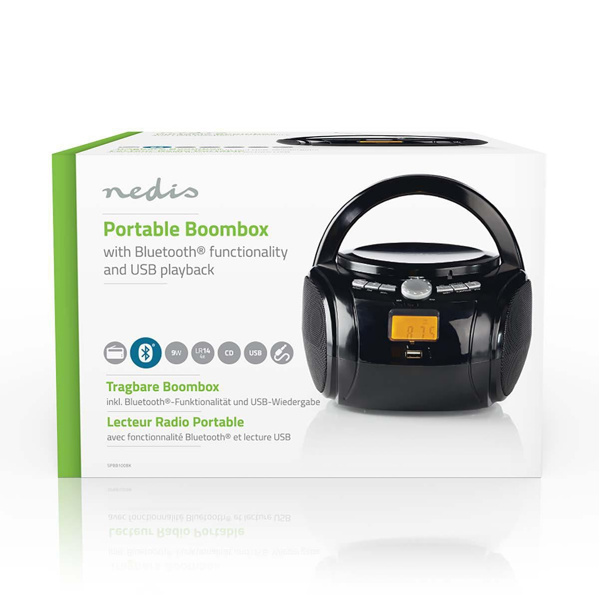 CD Player Boombox | Battery operated / Power adapter | Stereo | 9 W| Bluetooth® | FM | USB Playback | Carrying handle | Black