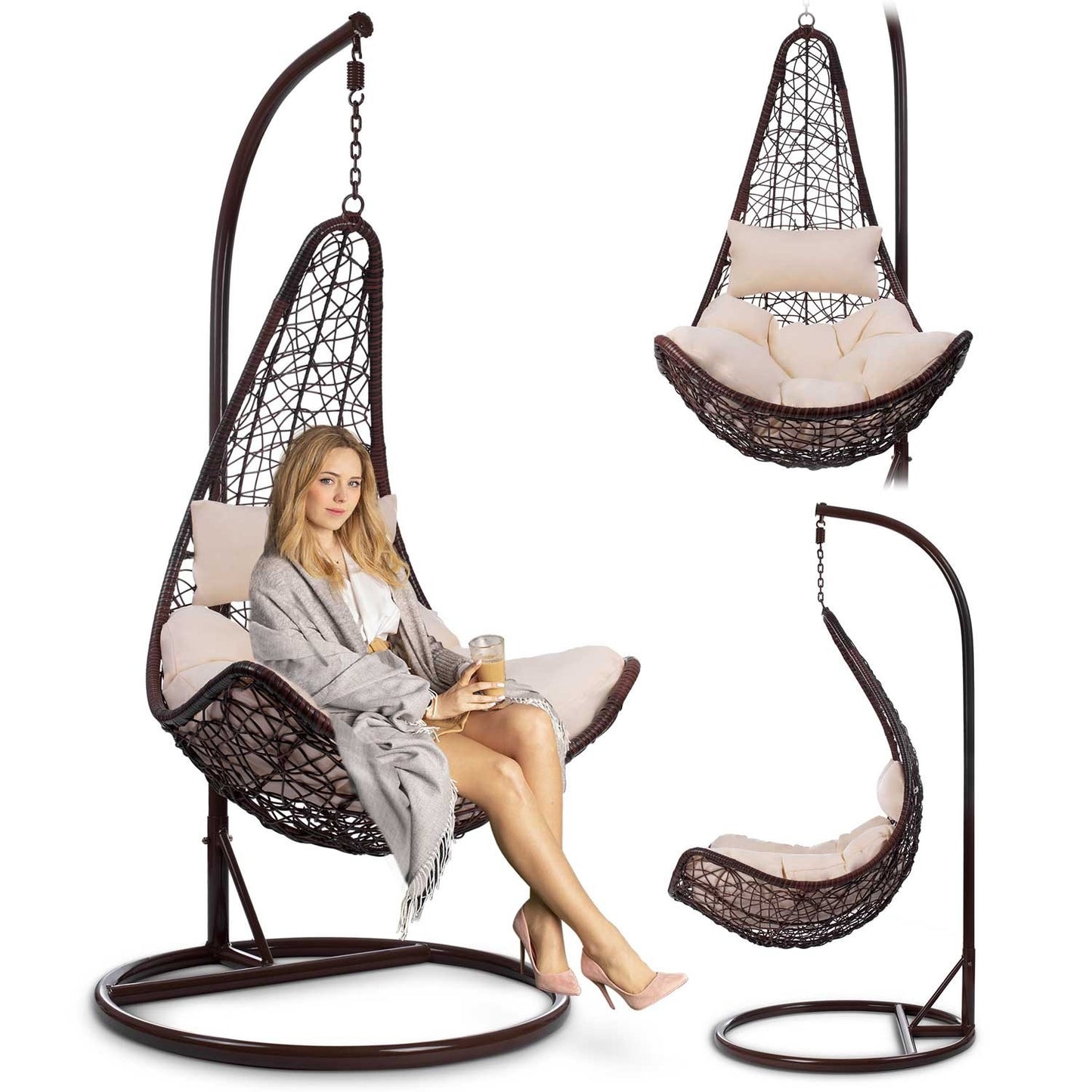 Cabana brown hanging garden chair + beige cushions