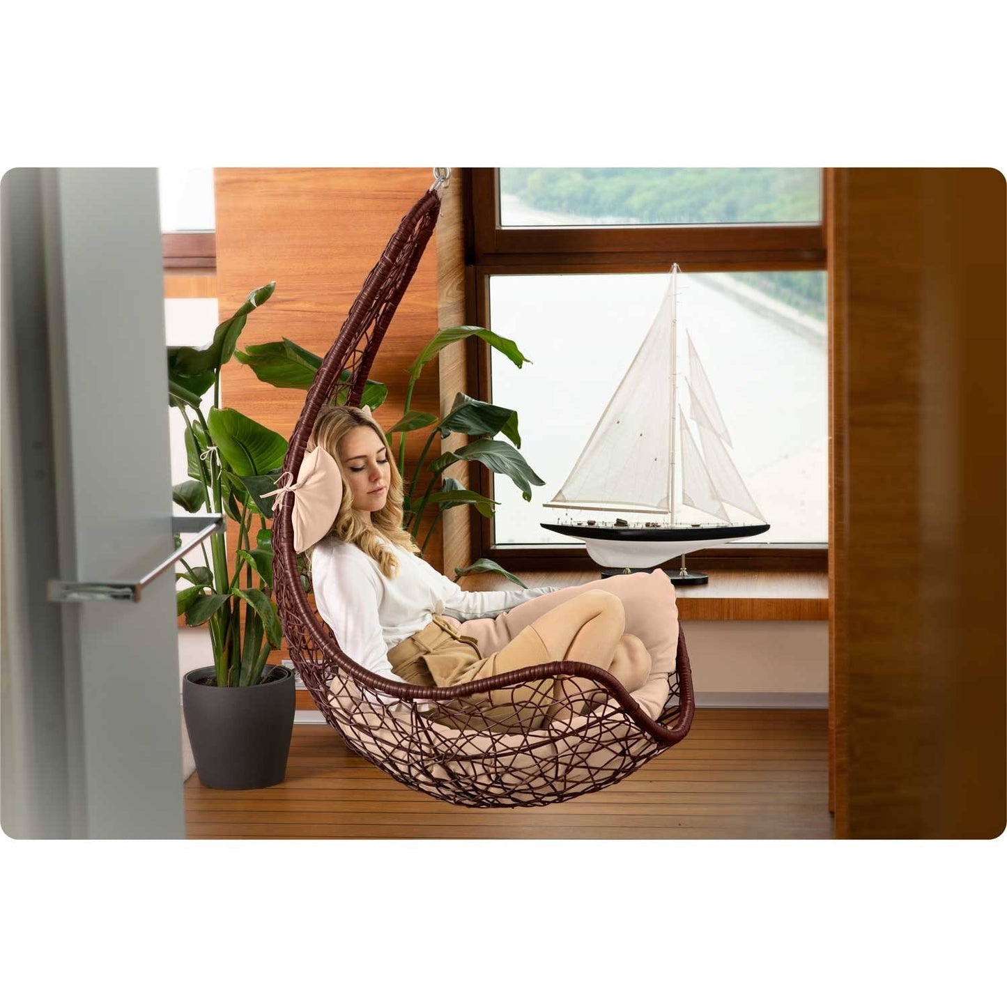 Cabana brown hanging garden chair + beige cushions