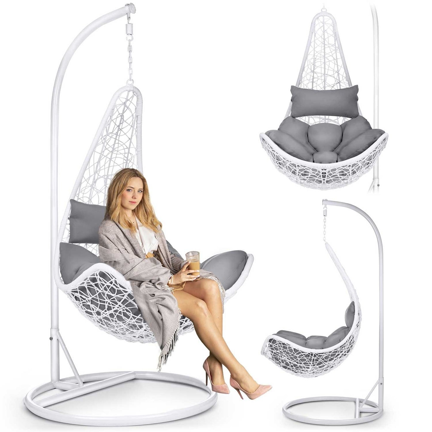 Cabana hanging garden chair white + grey cushions