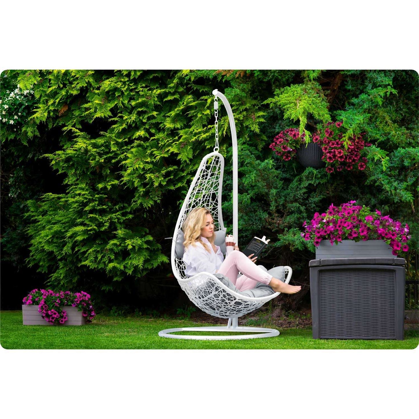 Cabana hanging garden chair white + grey cushions