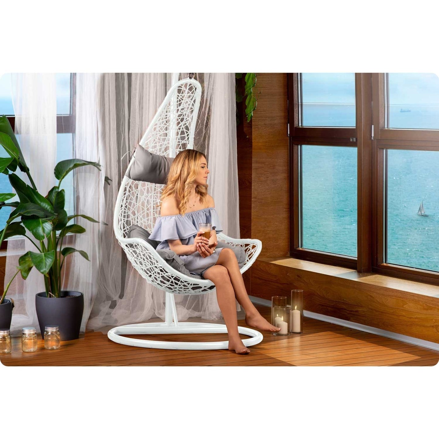 Cabana hanging garden chair white + grey cushions