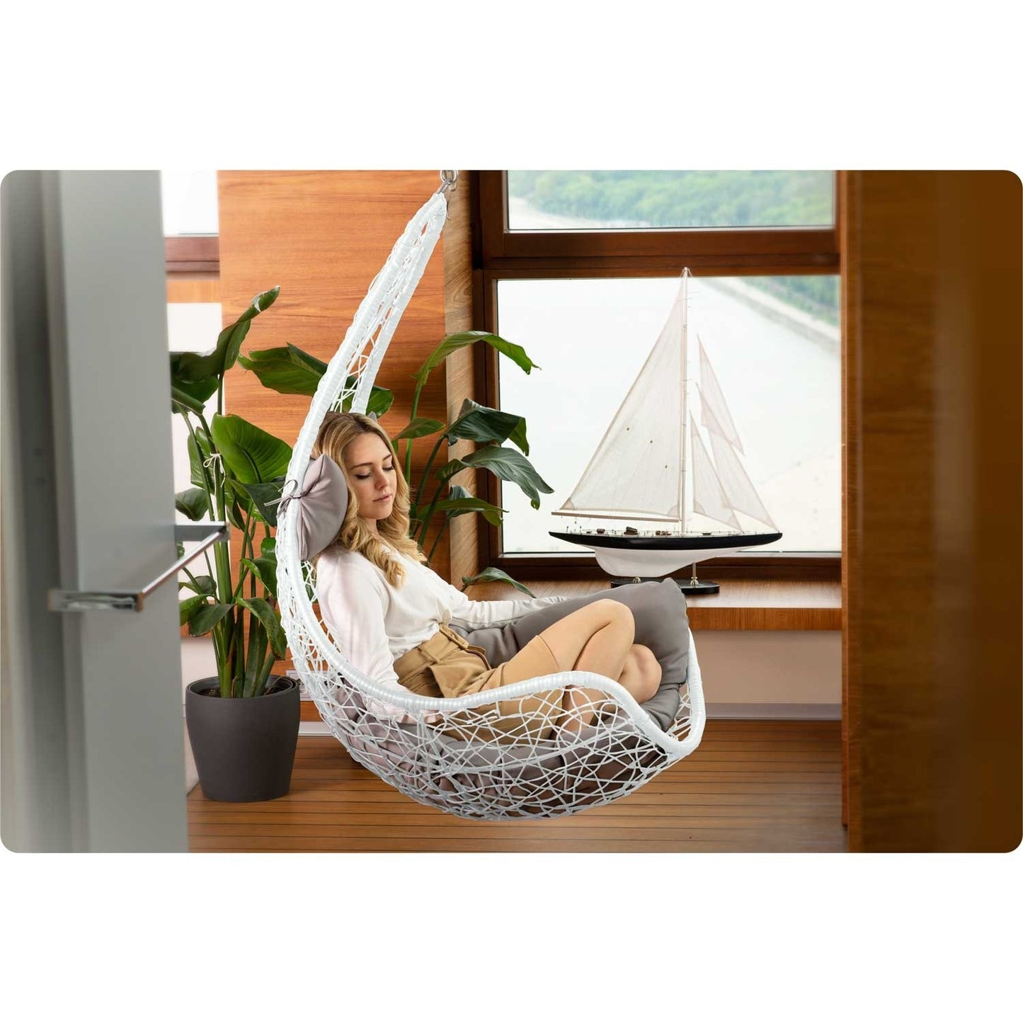 Cabana hanging garden chair white + grey cushions