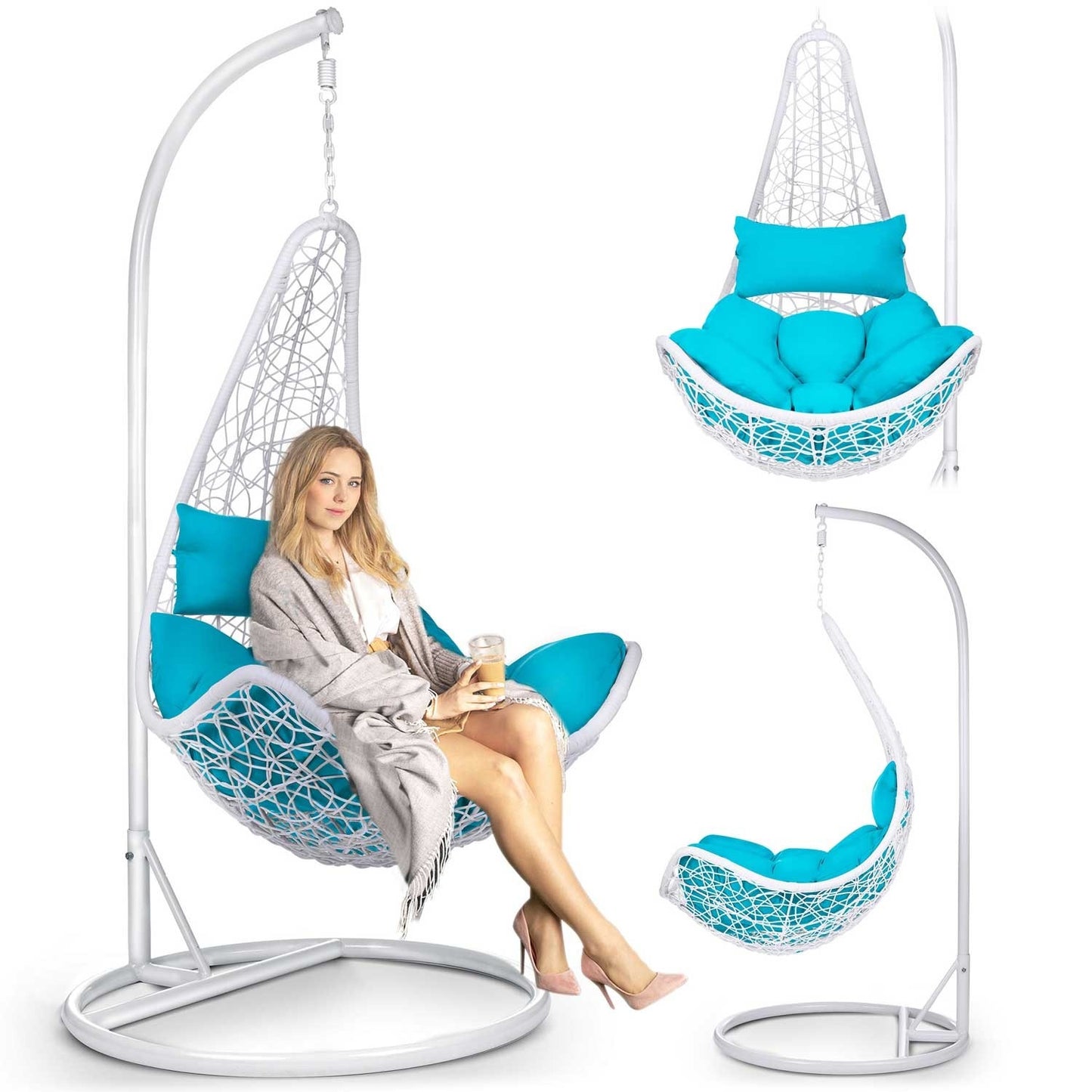 Cabana hanging rocking garden chair white + blue cushions
