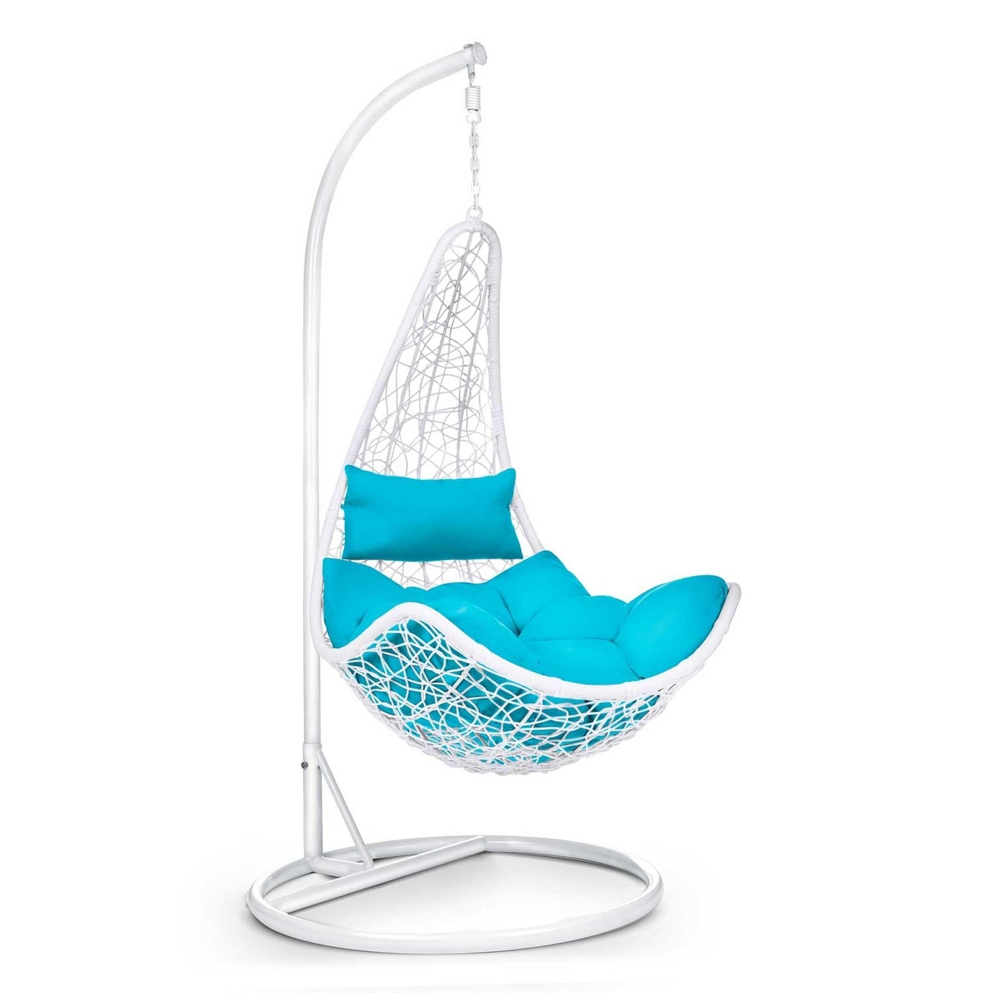 Cabana hanging rocking garden chair white + blue cushions