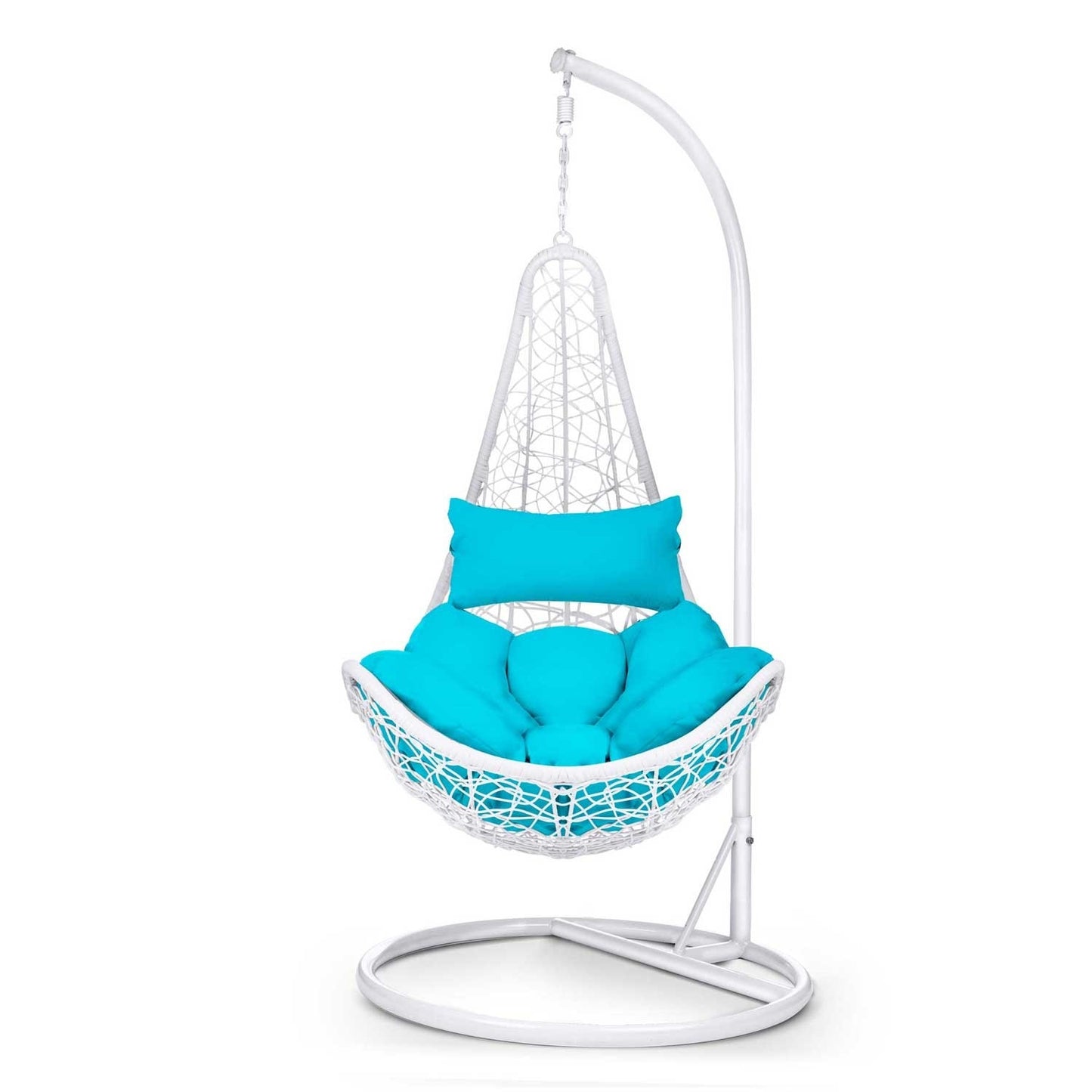 Cabana hanging rocking garden chair white + blue cushions