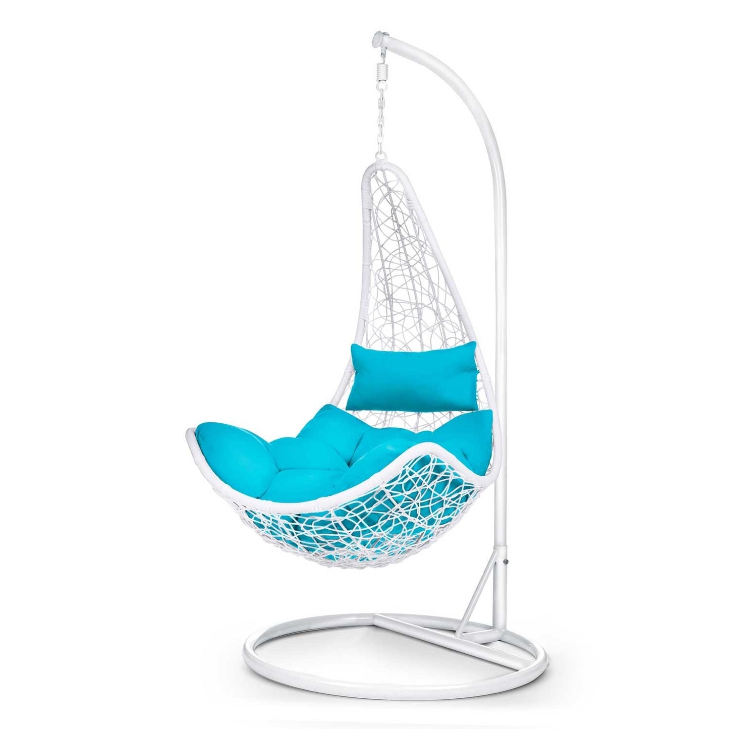 Cabana hanging rocking garden chair white + blue cushions