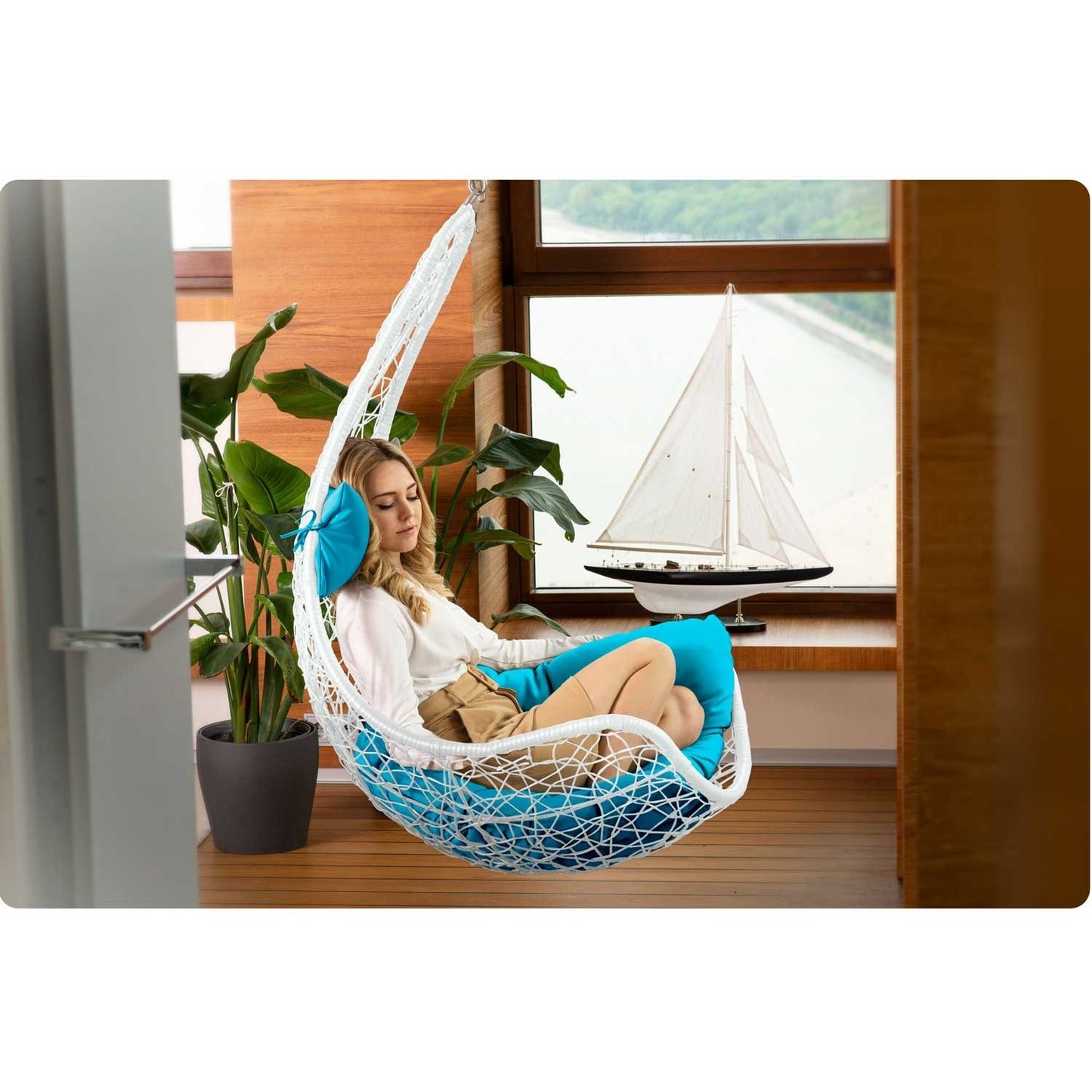 Cabana hanging rocking garden chair white + blue cushions