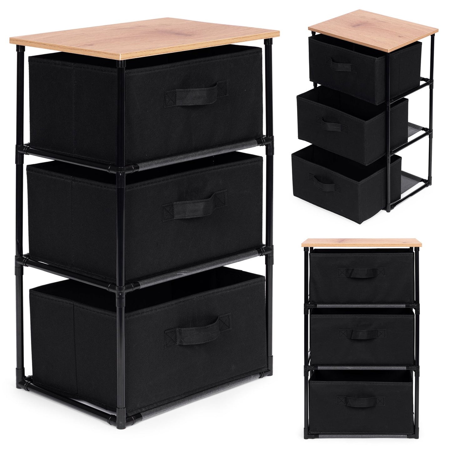 Cabinet shelf organizer, fabric with removable baskets, 3 levels, loft style, black, ModernHome