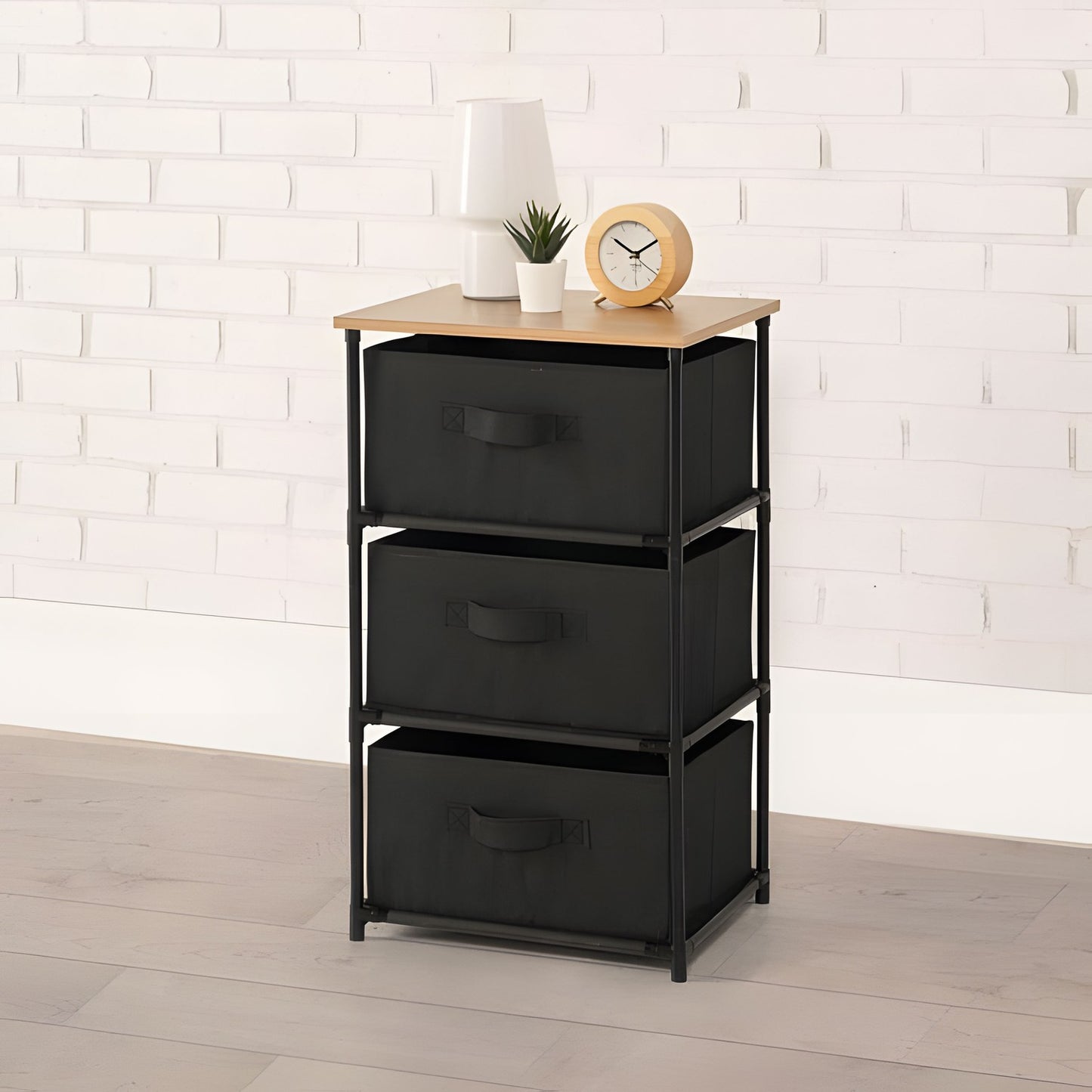 Cabinet shelf organizer, fabric with removable baskets, 3 levels, loft style, black, ModernHome