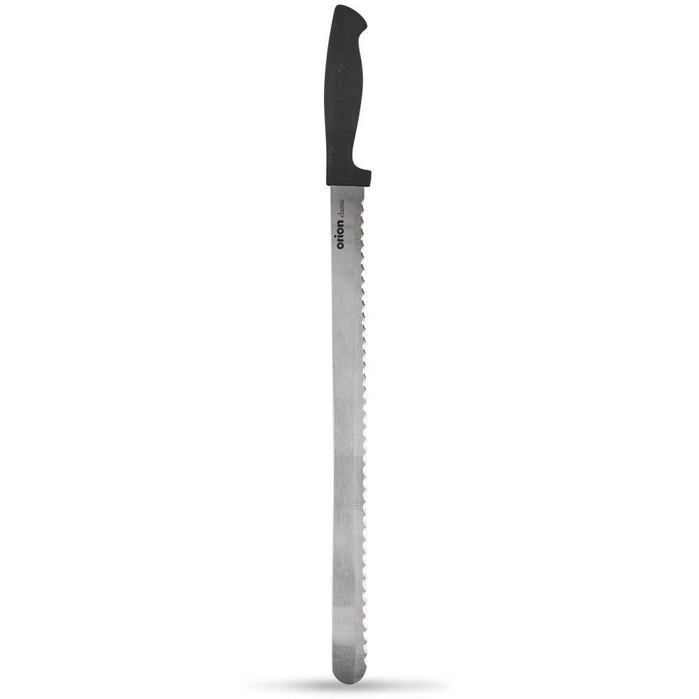 Cake knife with long serrated blade and ergonomic handle