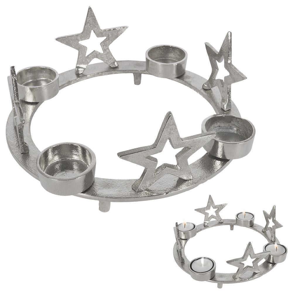 Candle Holder for Four Heat Candles with Stars in Silver Color