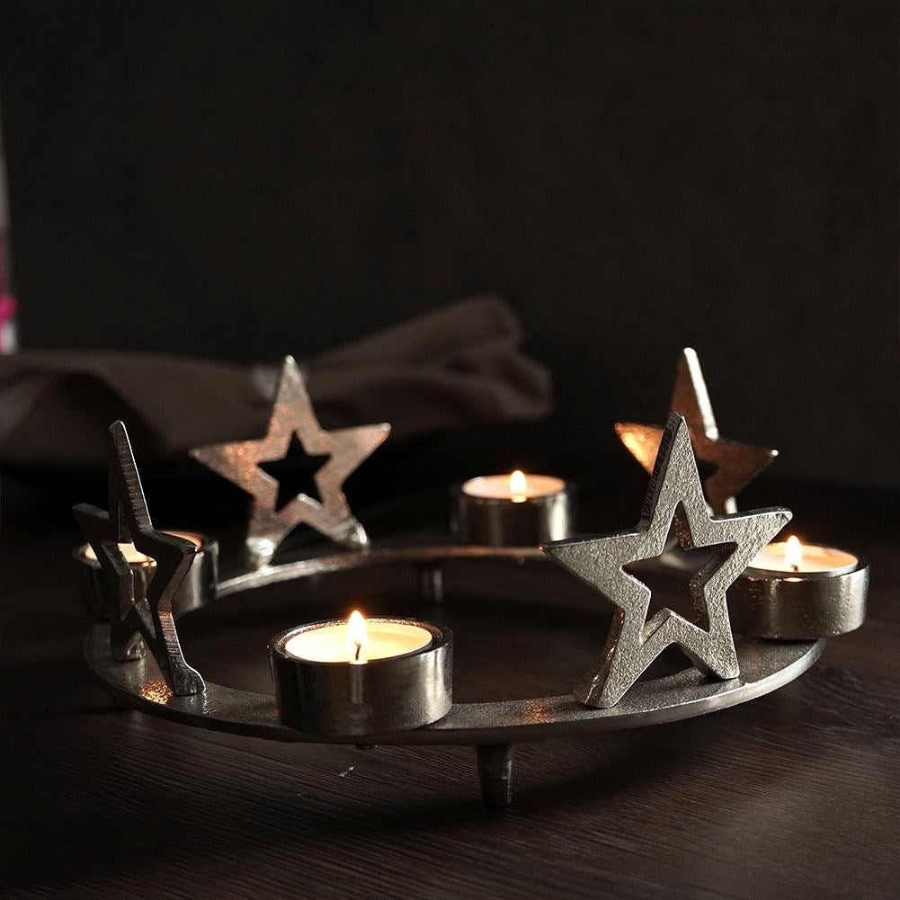 Candle Holder for Four Heat Candles with Stars in Silver Color