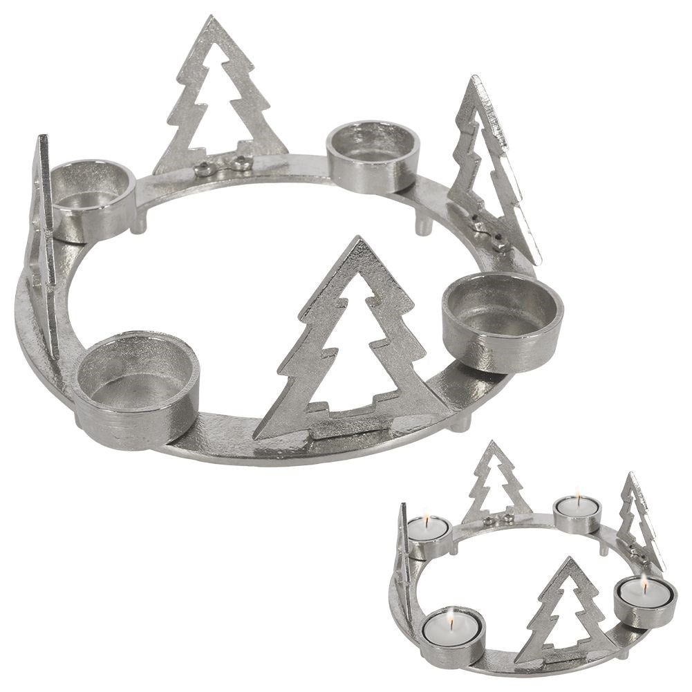 Candle holder for four candles with fir trees in silver aluminium