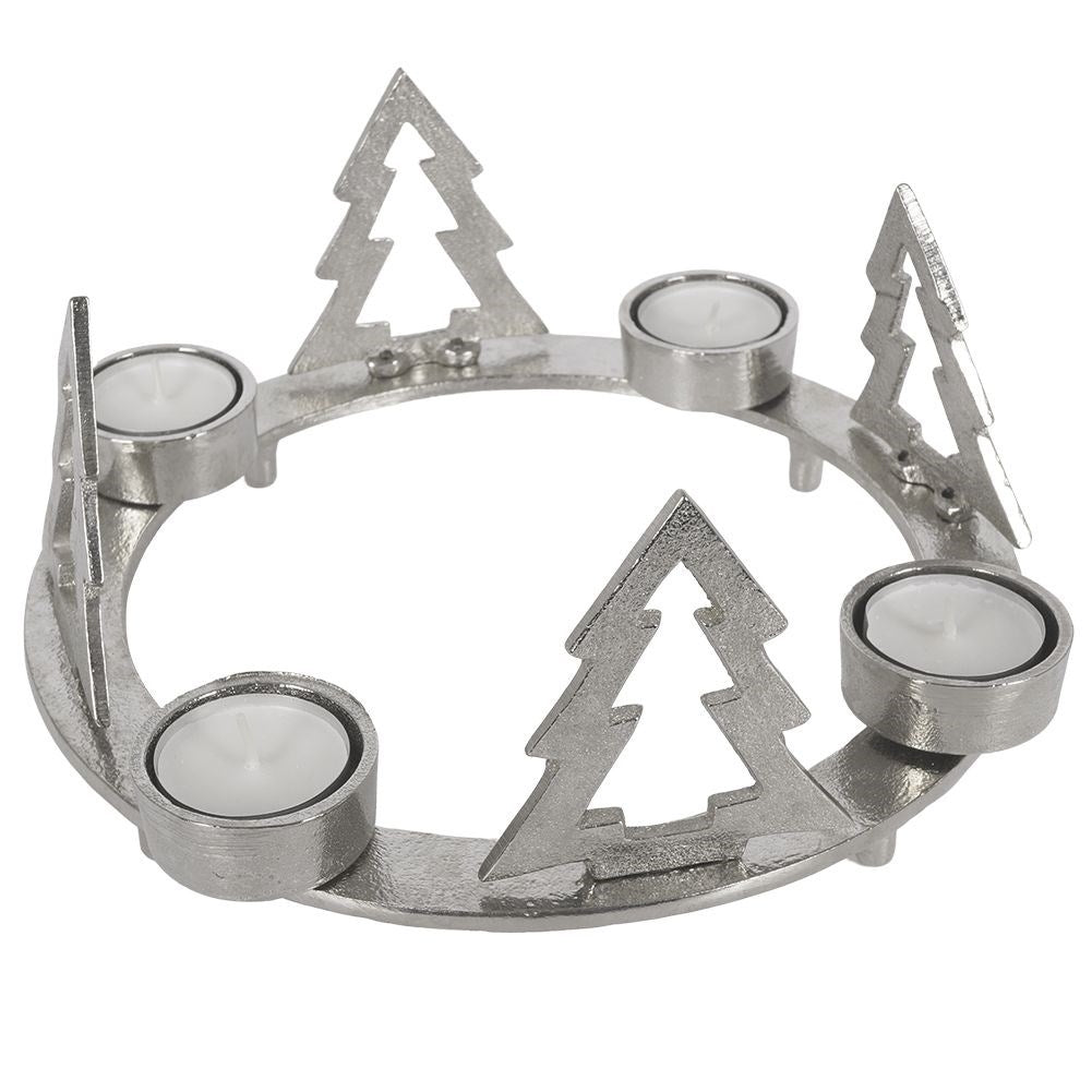 Candle holder for four candles with fir trees in silver aluminium