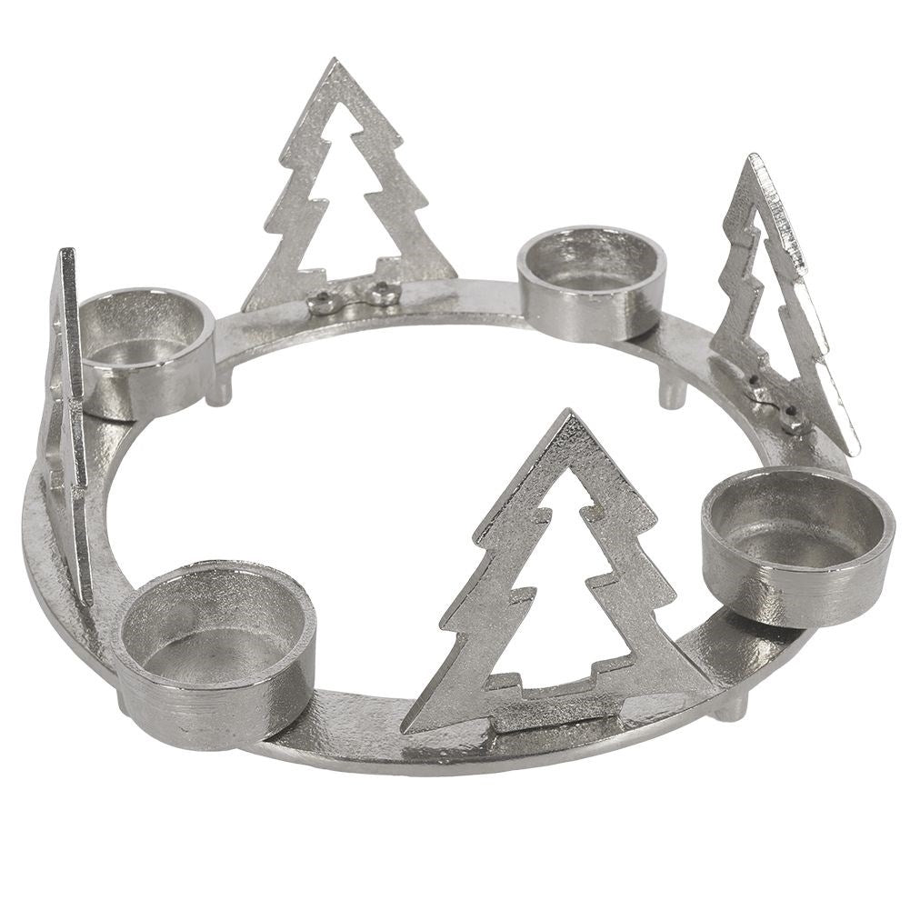 Candle holder for four candles with fir trees in silver aluminium