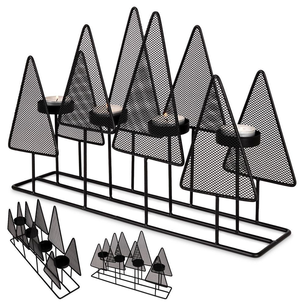 Candlestick for 4 tealights with Christmas trees in black metal