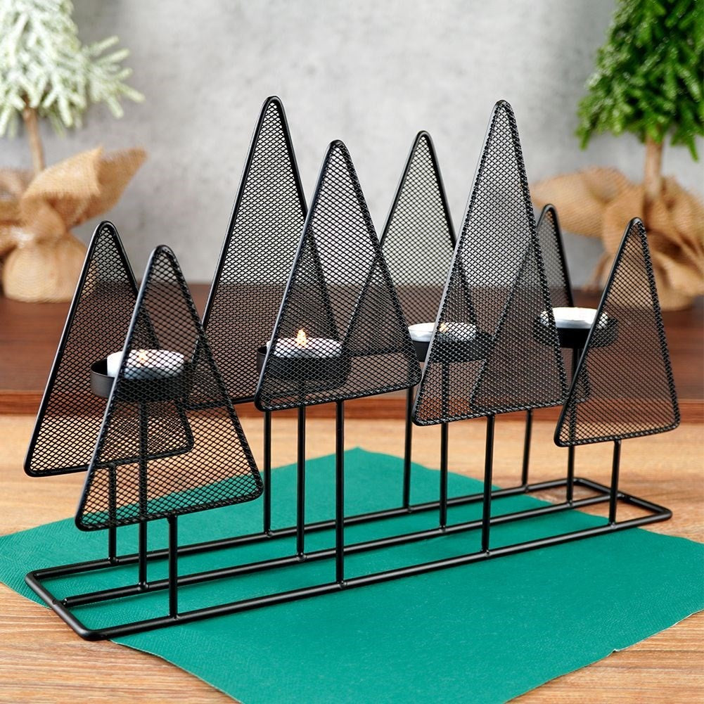 Candlestick for 4 tealights with Christmas trees in black metal
