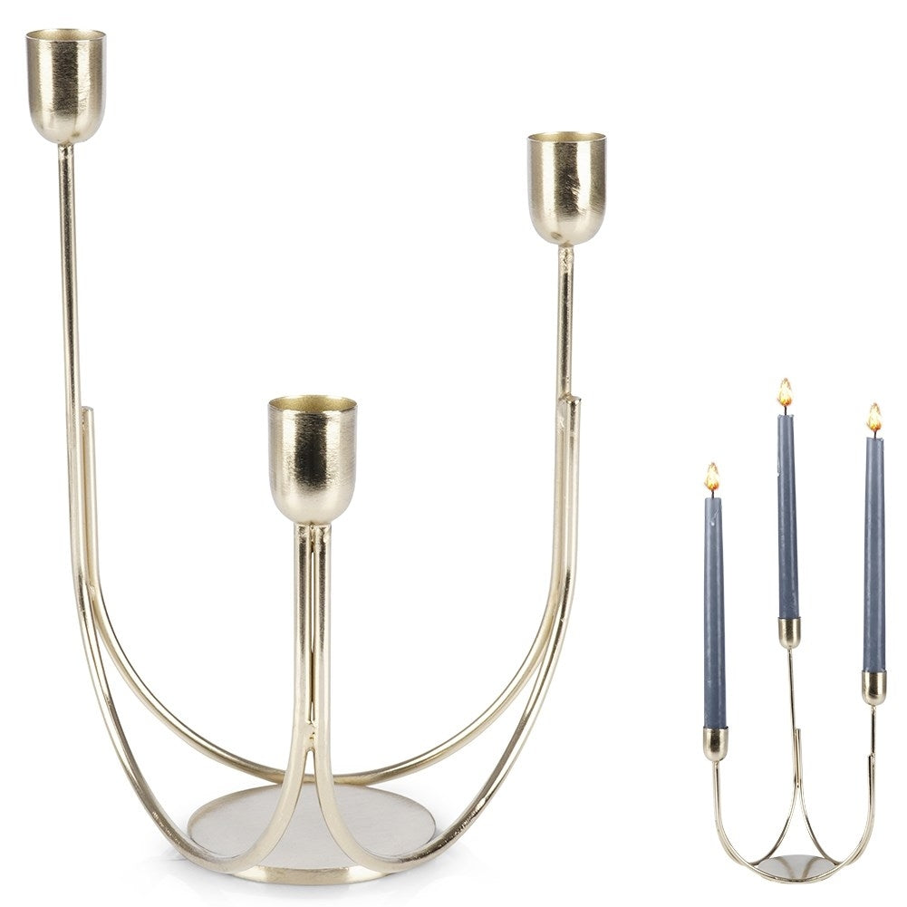 Candlestick for three long candles in gold, metal, industrial style