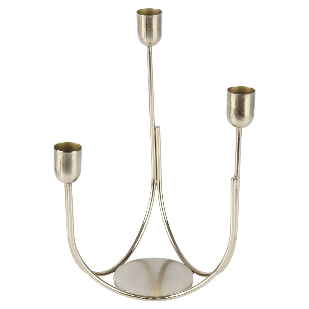 Candlestick for three long candles in gold, metal, industrial style