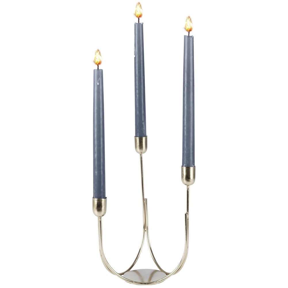 Candlestick for three long candles in gold, metal, industrial style