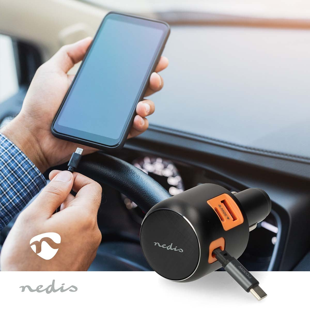 Car Charger 60W, 3 Outputs, USB-A/USB-C, Retractable Cable