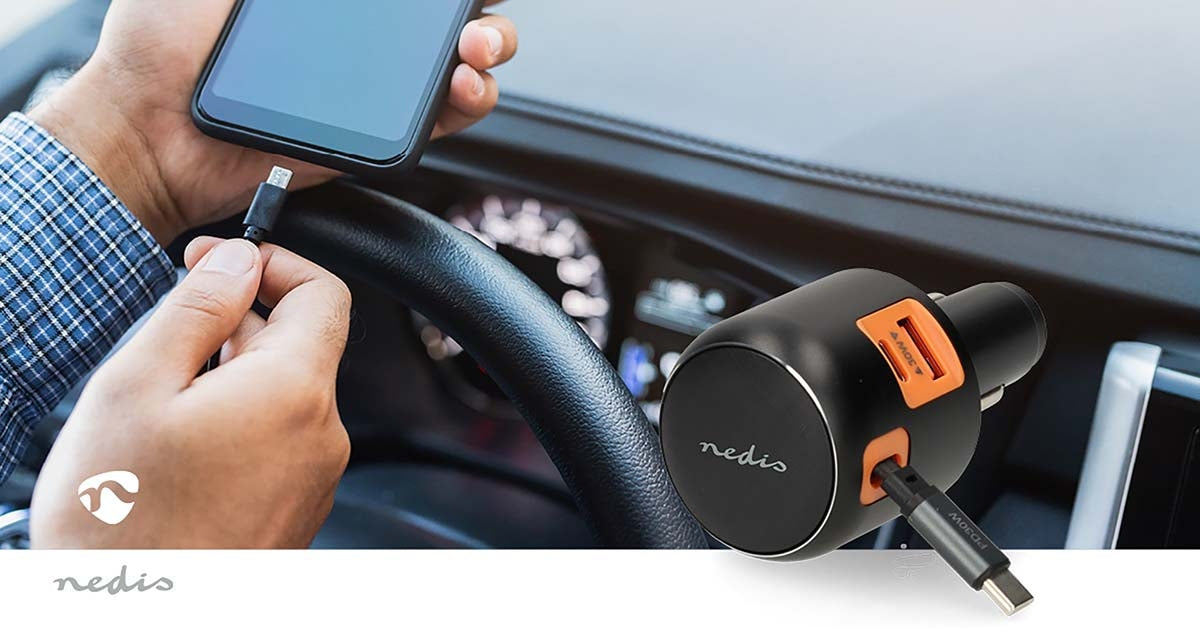 Car Charger 60W, 3 Outputs, USB-A/USB-C, Retractable Cable
