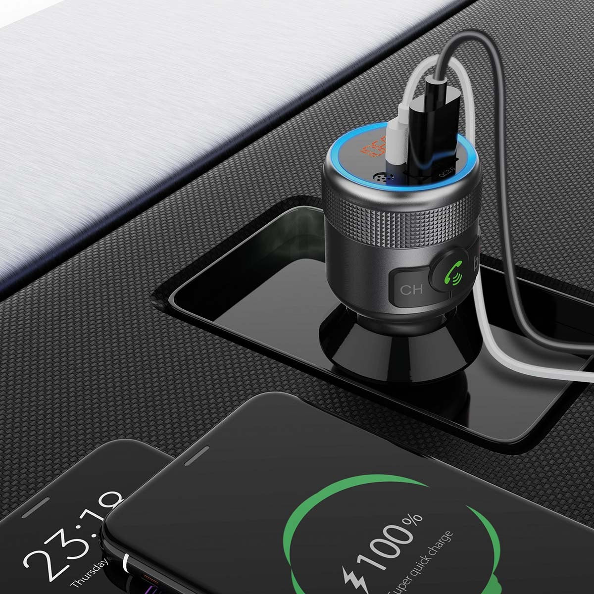 Car FM Transmitter | Fixed | Hands free calling | 1 " | Amber Screen | Bluetooth® | PD 18 W / PD 24 W | Fast charging | Bass boost | Google Assistant / Siri | Black