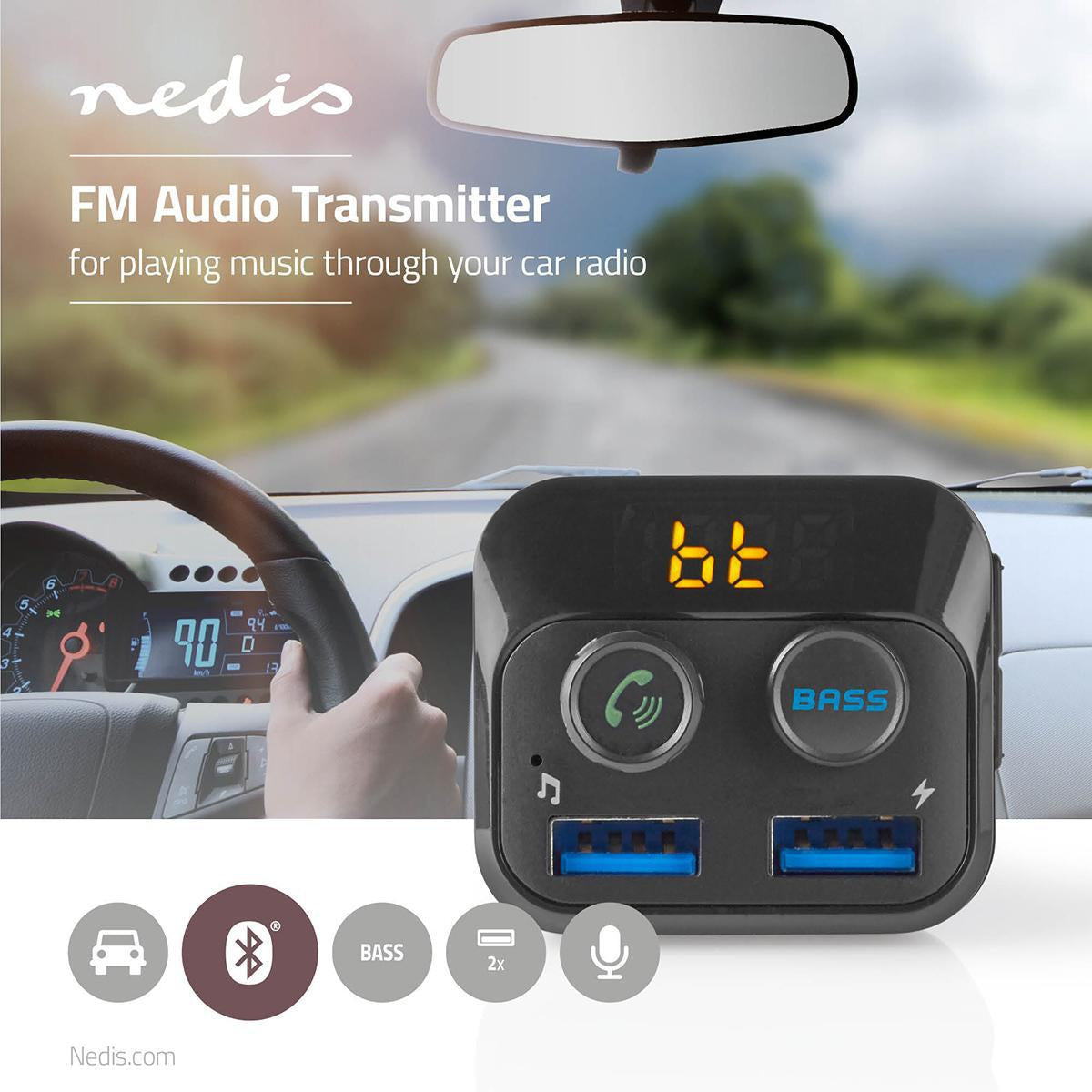 Car FM Transmitter | Fixed | Wireless calls | 1.0 " | LED Screen | Bluetooth® | 5.0 V DC / 1.0 A / 5.0 V DC / 2.4 A | Bass boost | Google Assistant / Siri | Black