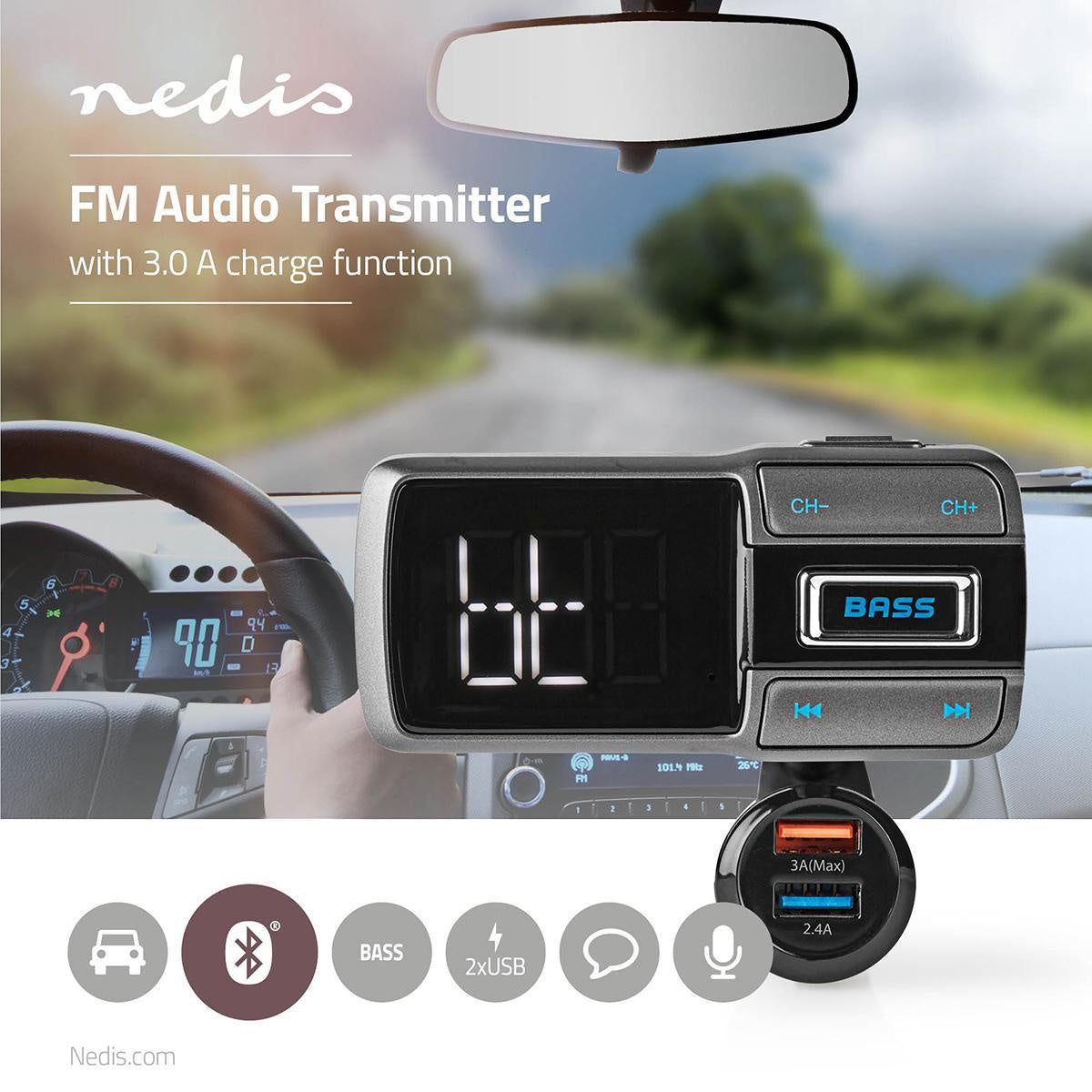 Car FM Transmitter | Gooseneck | Wireless calls | 2.0 " | LED Screen | Bluetooth® | QC 3.0 / 5.0 V DC / 2.4 A | Fast charging | Bass boost | Google Assistant / Siri | Gray / Black