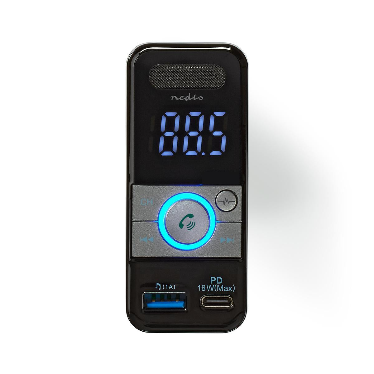 Car FM Transmitter | Tiltable | Wireless calls | 1.1 " | LED Screen | Bluetooth® | PD 18 W / 5.0 V DC / 1.0 A | Fast Charging | Google Assistant / Siri | Gray / Black