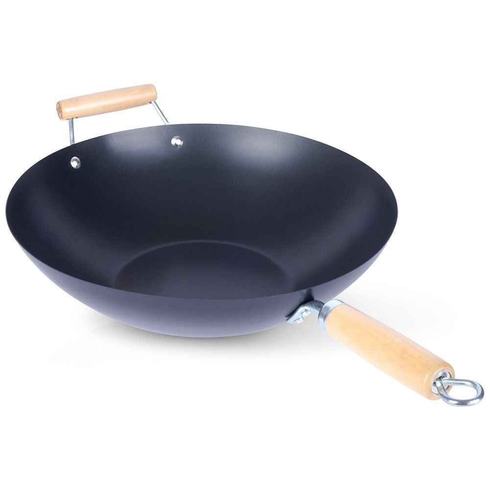 Carbon steel wok with non-stick and wooden handle