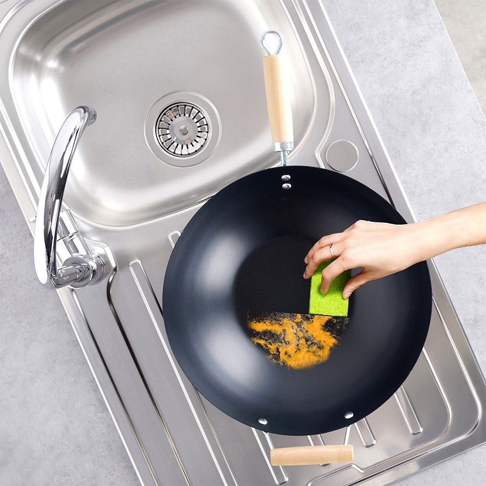 Carbon steel wok with non-stick and wooden handle