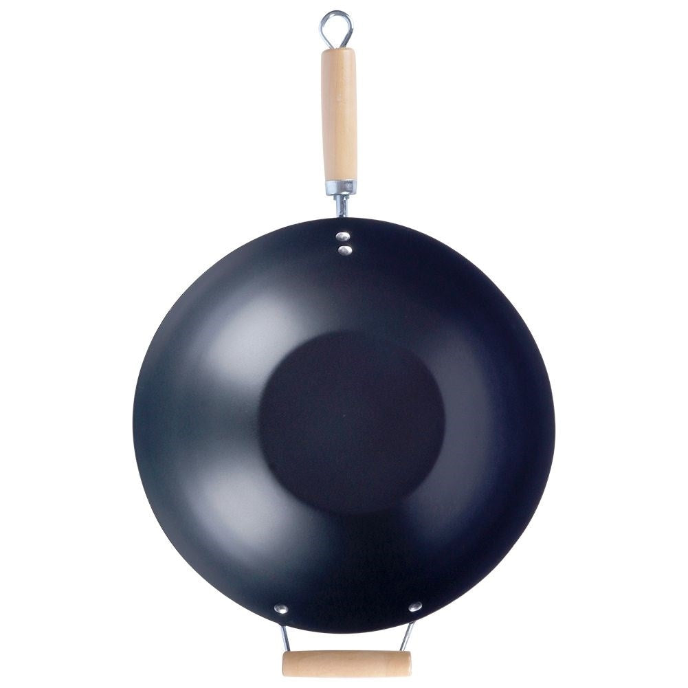 Carbon steel wok with non-stick and wooden handle