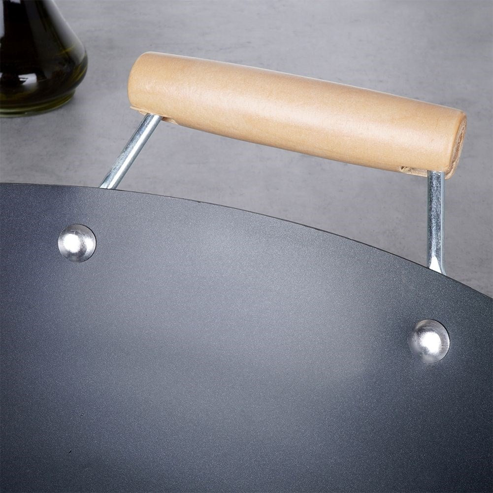Carbon steel wok with non-stick and wooden handle