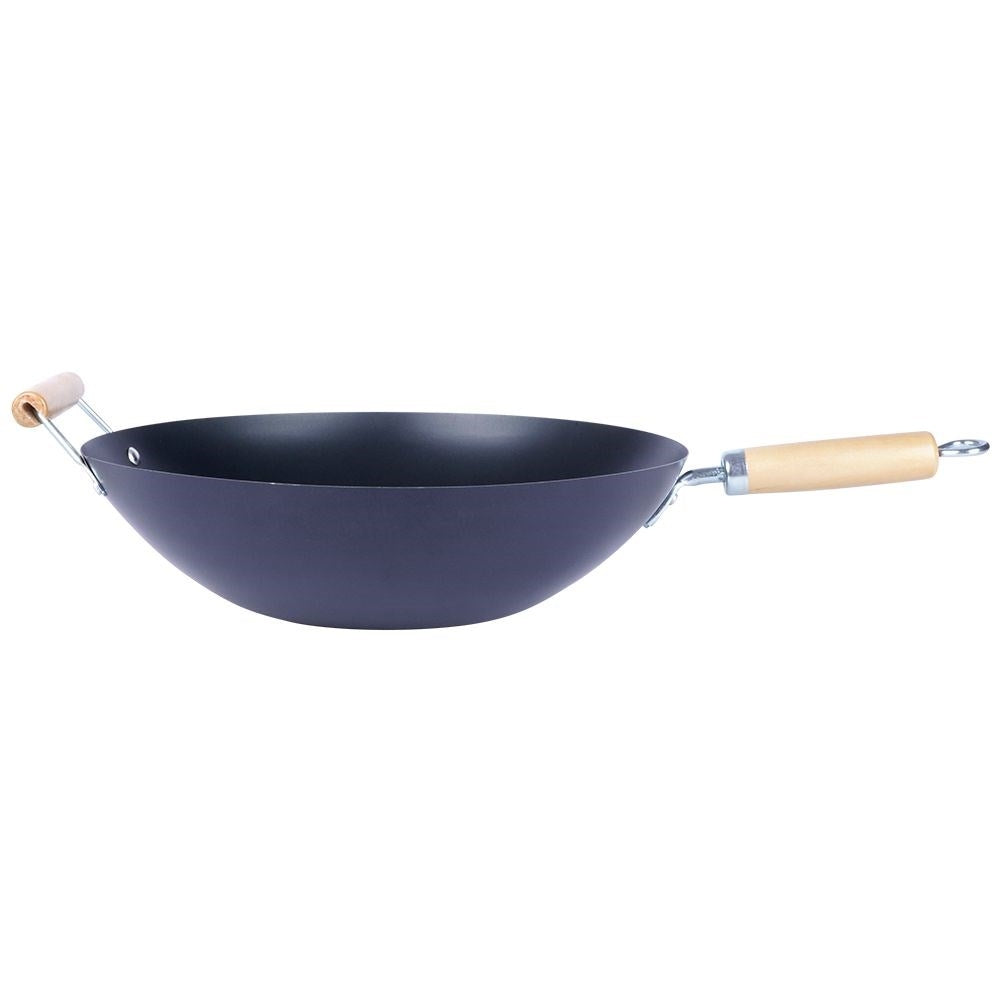 Carbon steel wok with non-stick and wooden handle