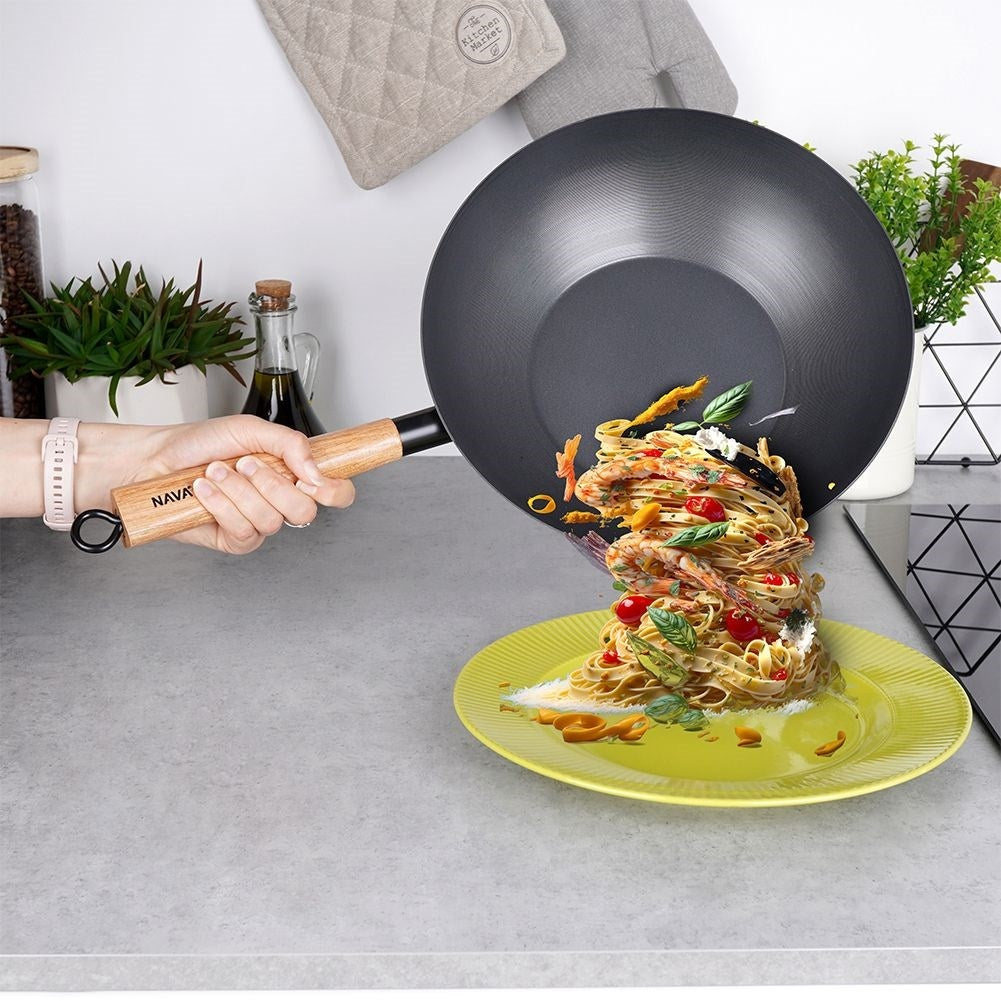 Carbon steel wok with non-stick and wooden handle
