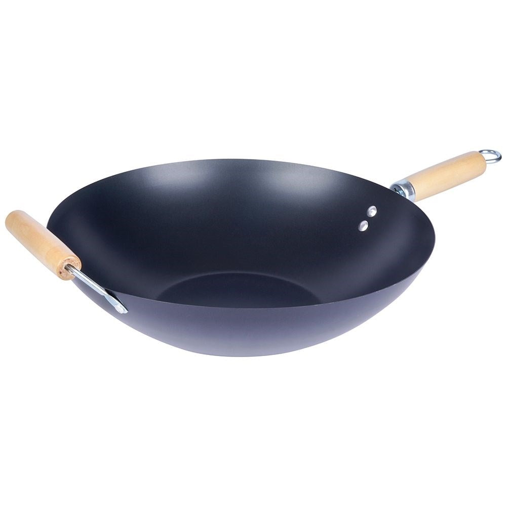 Carbon steel wok with non-stick and wooden handle